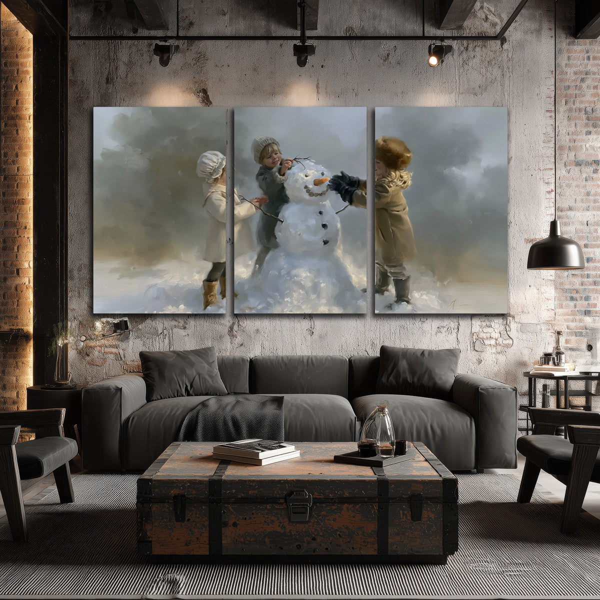 Three children gathering around a cheerful snowman on a quiet snowy winter day 3 piece canvas wall art displayed in a industrial room