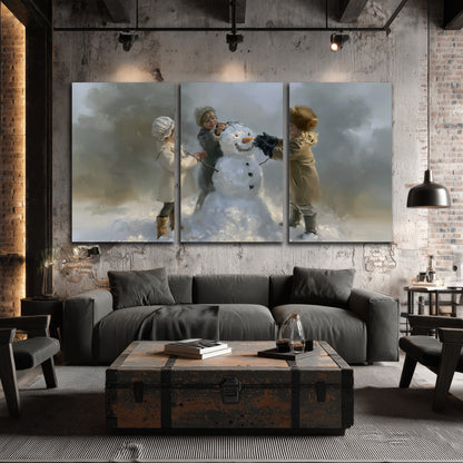 Three children gathering around a cheerful snowman on a quiet snowy winter day 3 piece canvas wall art displayed in a industrial room