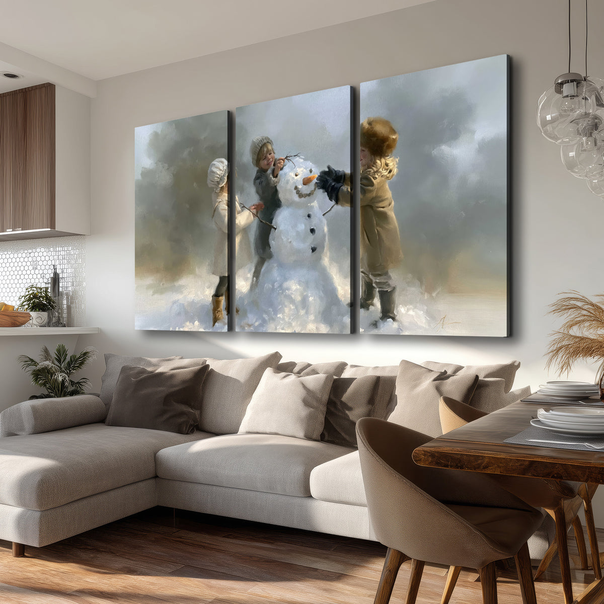 Three children gathering around a cheerful snowman on a quiet snowy winter day 3 piece canvas wall art room and product view