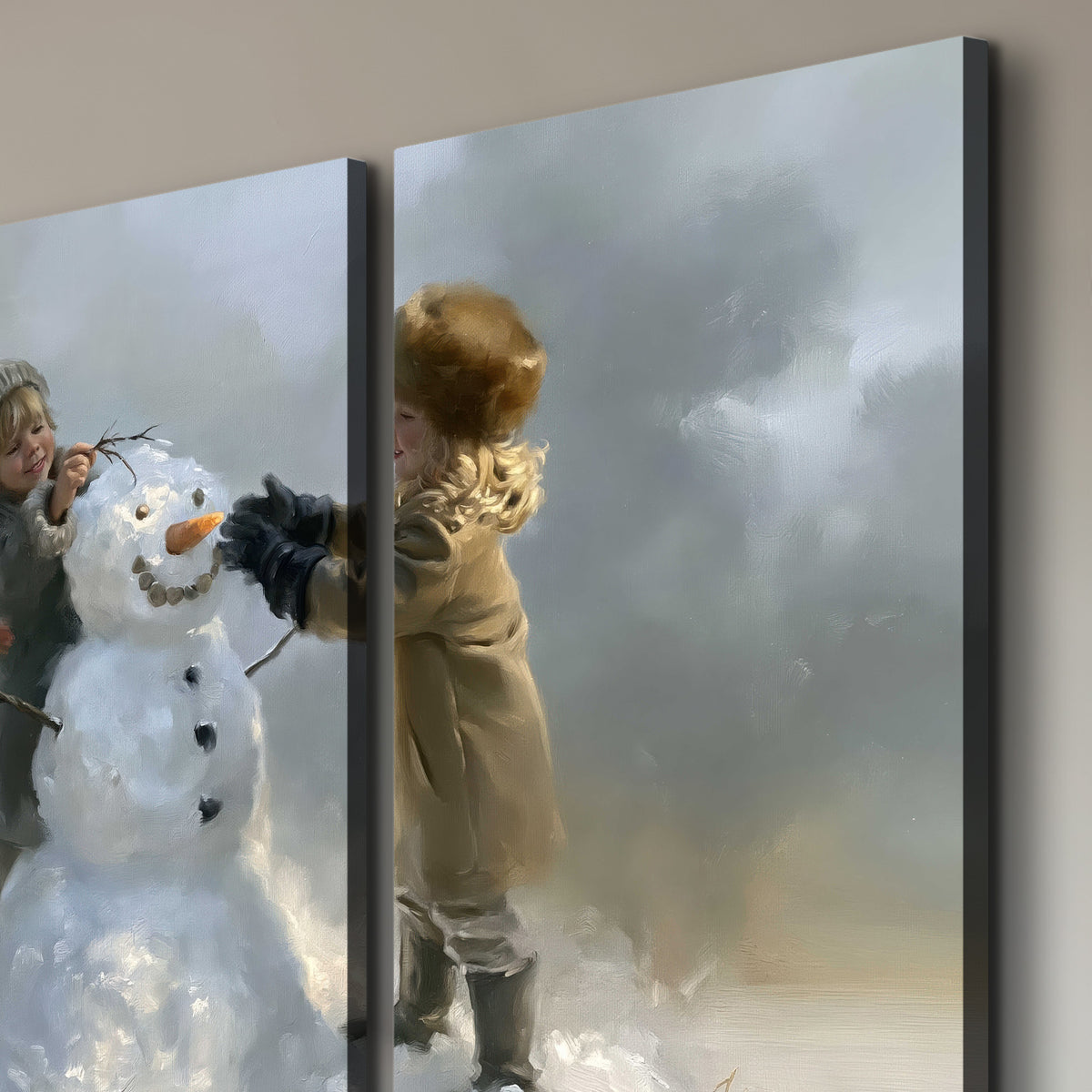 Three children gathering around a cheerful snowman on a quiet snowy winter day 3 piece canvas wall art room and product view