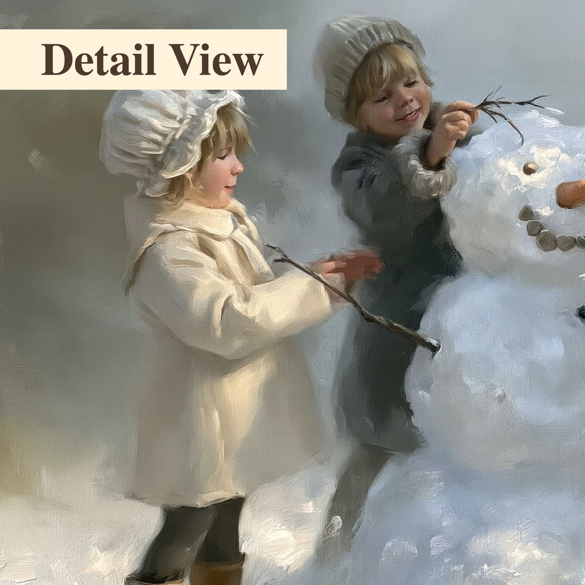 Three children gathering around a cheerful snowman on a quiet snowy winter day 3 piece canvas wall art artwork detail close up