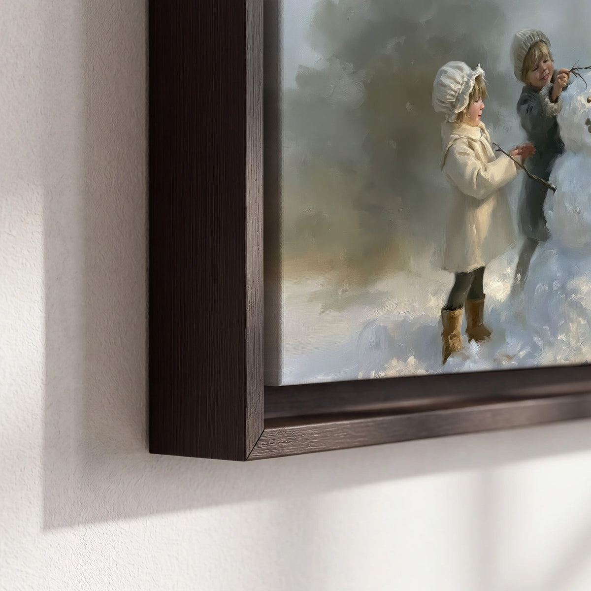 Three children gathering around a cheerful snowman on a quiet snowy winter day 3 piece framed canvas wall art material and edge close up