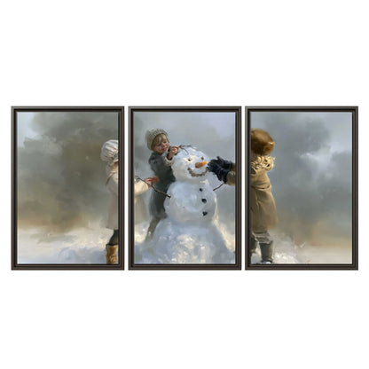 Three children gathering around a cheerful snowman on a quiet snowy winter day 3 piece framed canvas wall art viewed straight on