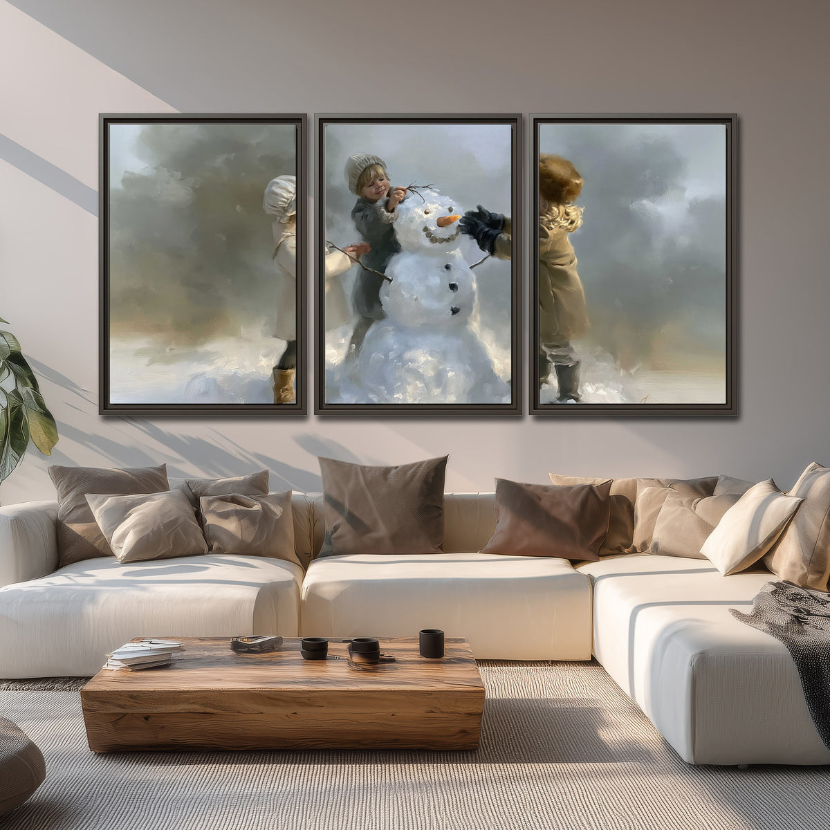 Three children gathering around a cheerful snowman on a quiet snowy winter day 3 piece framed canvas wall art displayed in a living room
