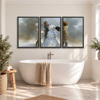 Three children gathering around a cheerful snowman on a quiet snowy winter day 3 piece framed canvas wall art styled in an interior