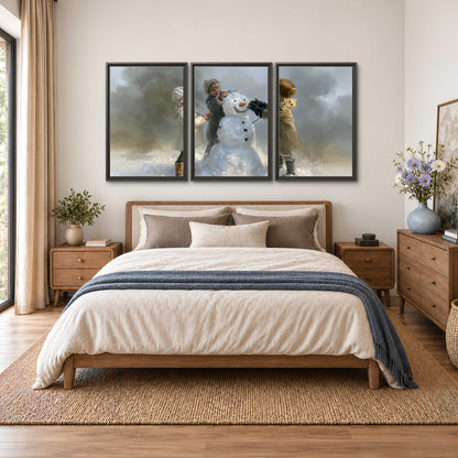 Three children gathering around a cheerful snowman on a quiet snowy winter day 3 piece framed canvas wall art styled in an interior