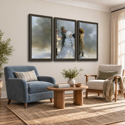 Three children gathering around a cheerful snowman on a quiet snowy winter day 3 piece framed canvas wall art styled in an interior