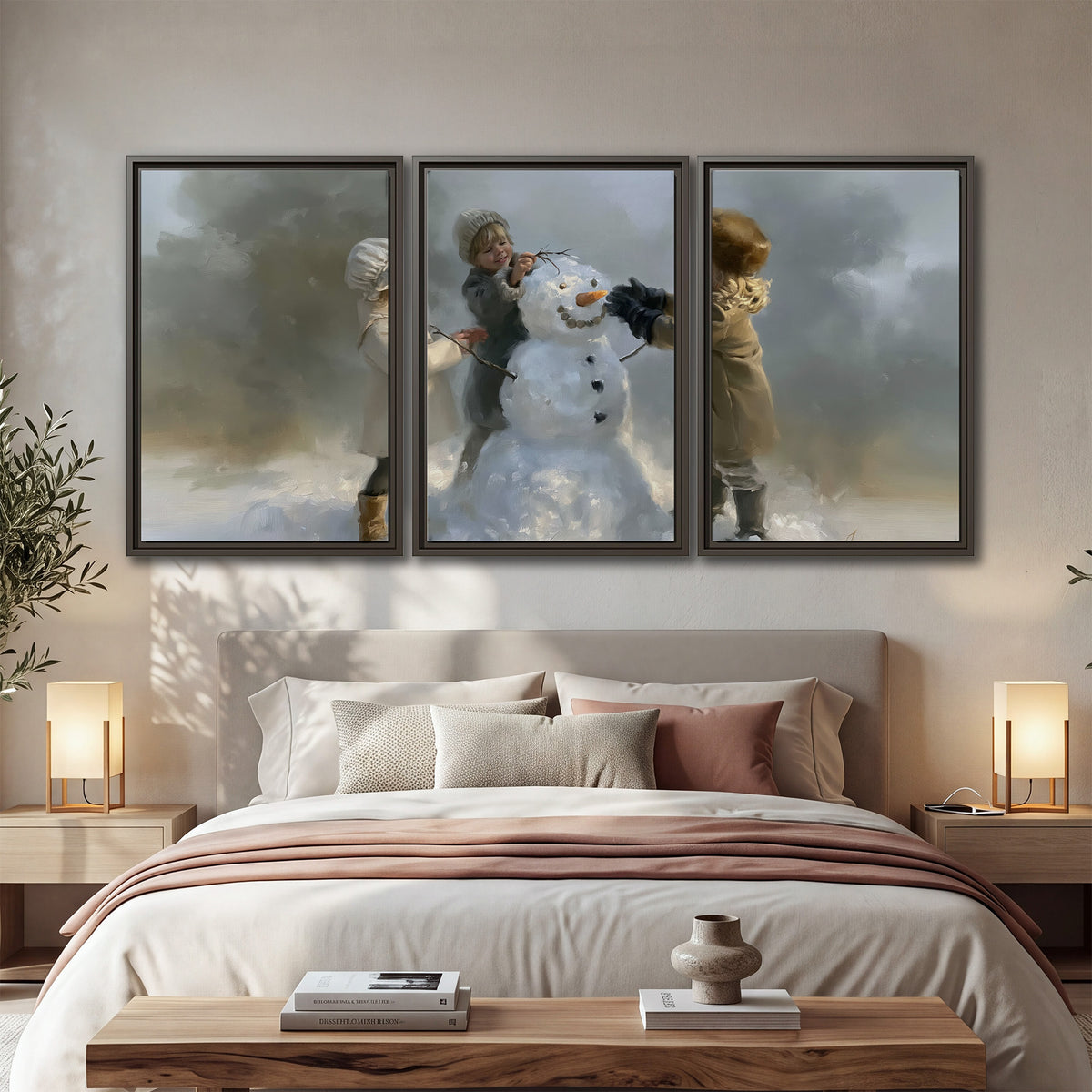 Three children gathering around a cheerful snowman on a quiet snowy winter day 3 piece framed canvas wall art displayed in a bedroom