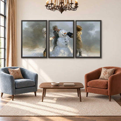 Three children gathering around a cheerful snowman on a quiet snowy winter day 3 piece framed canvas wall art styled in an interior