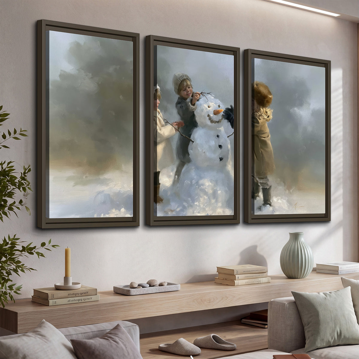 Three children gathering around a cheerful snowman on a quiet snowy winter day 3 piece framed canvas wall art displayed in a console
