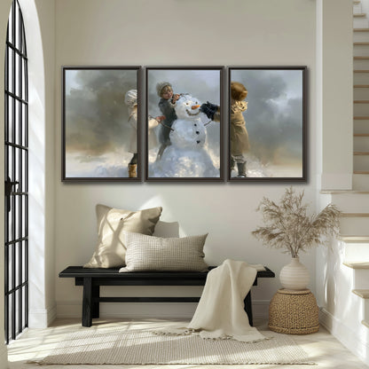Three children gathering around a cheerful snowman on a quiet snowy winter day 3 piece framed canvas wall art displayed in a entryway