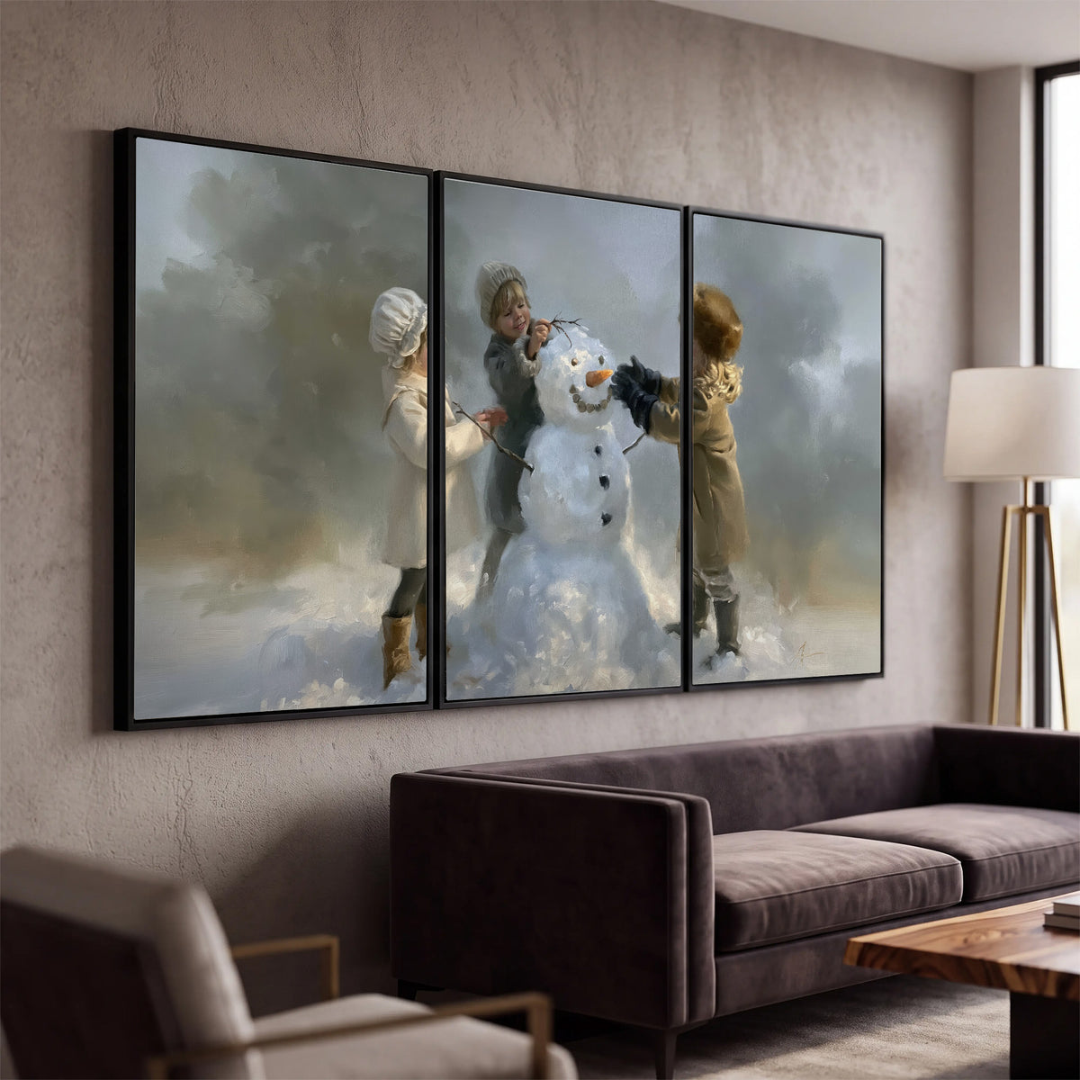 Three children gathering around a cheerful snowman on a quiet snowy winter day 3 piece framed canvas wall art displayed in a modern living room