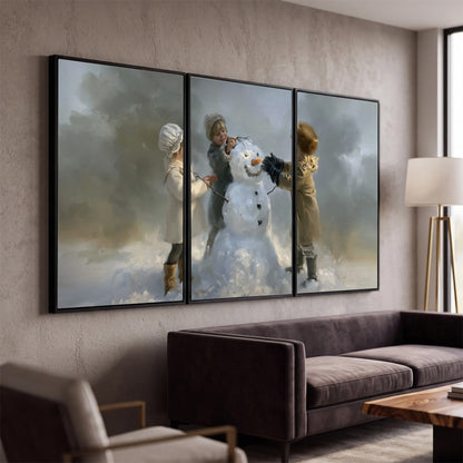 Three children gathering around a cheerful snowman on a quiet snowy winter day 3 piece framed canvas wall art displayed in a modern living room
