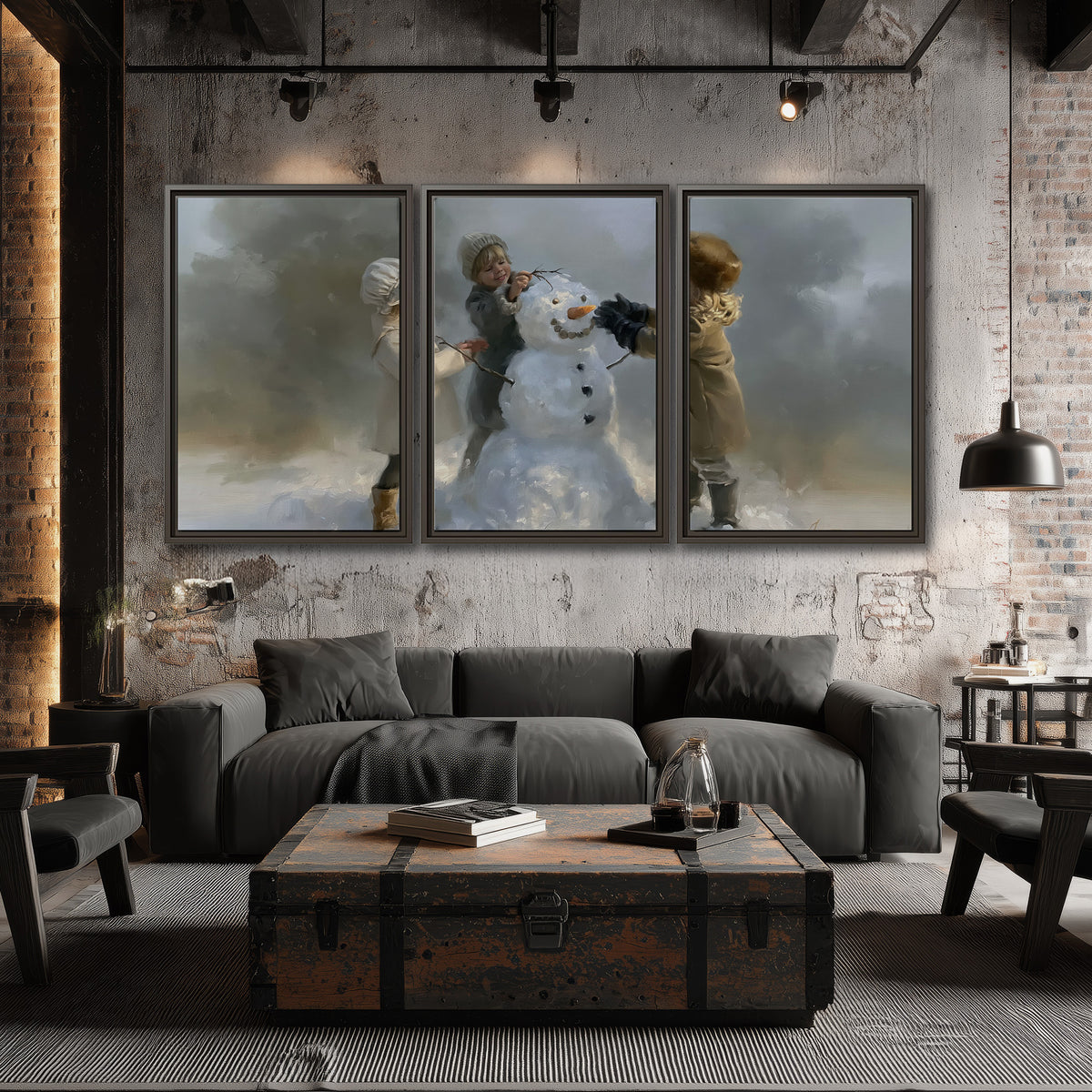 Three children gathering around a cheerful snowman on a quiet snowy winter day 3 piece framed canvas wall art displayed in a industrial room
