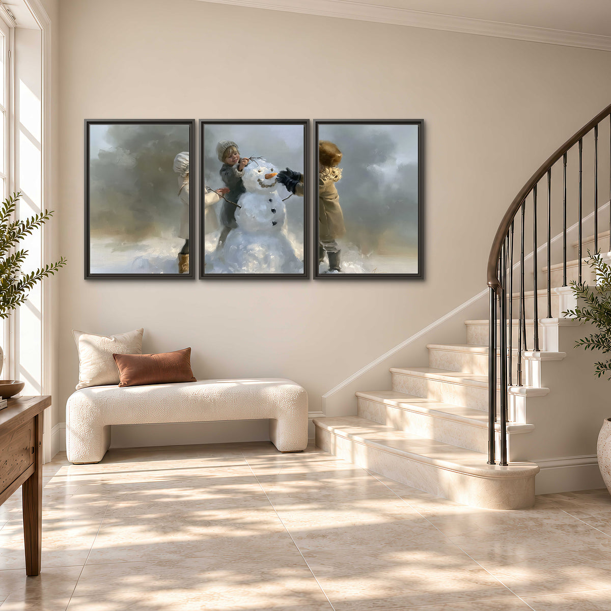 Three children gathering around a cheerful snowman on a quiet snowy winter day 3 piece framed canvas wall art styled in an interior