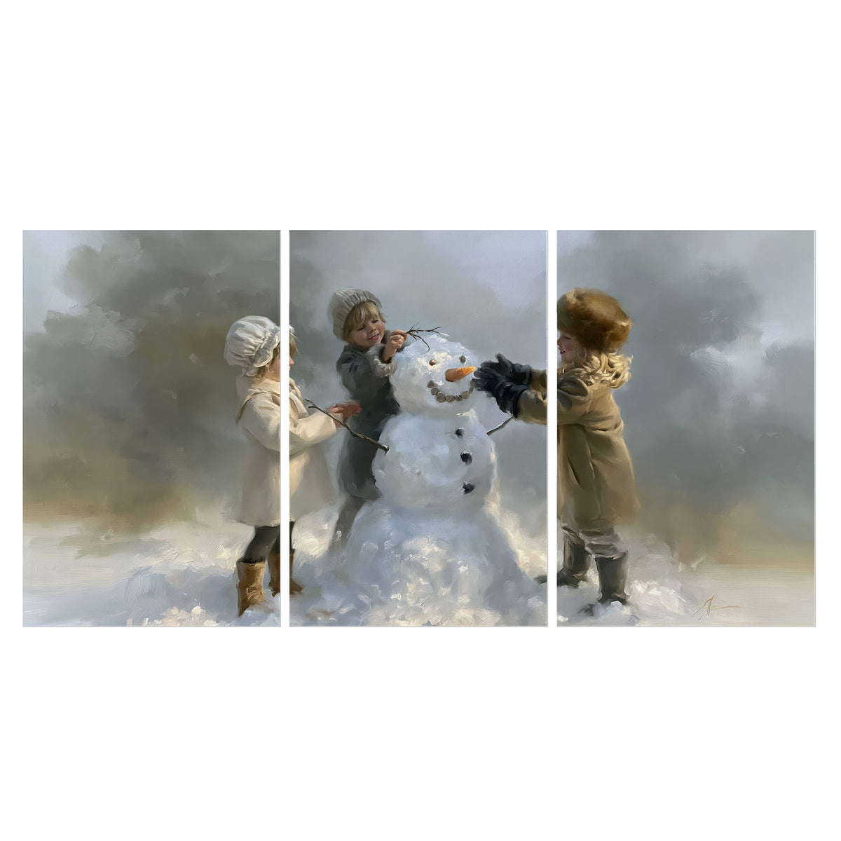 Three children gathering around a cheerful snowman on a quiet snowy winter day set of 3 poster prints viewed straight on