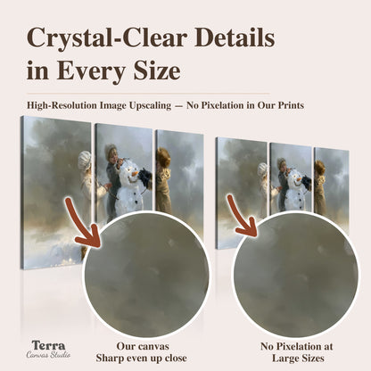Three children gathering around a cheerful snowman on a quiet snowy winter day artwork quality information