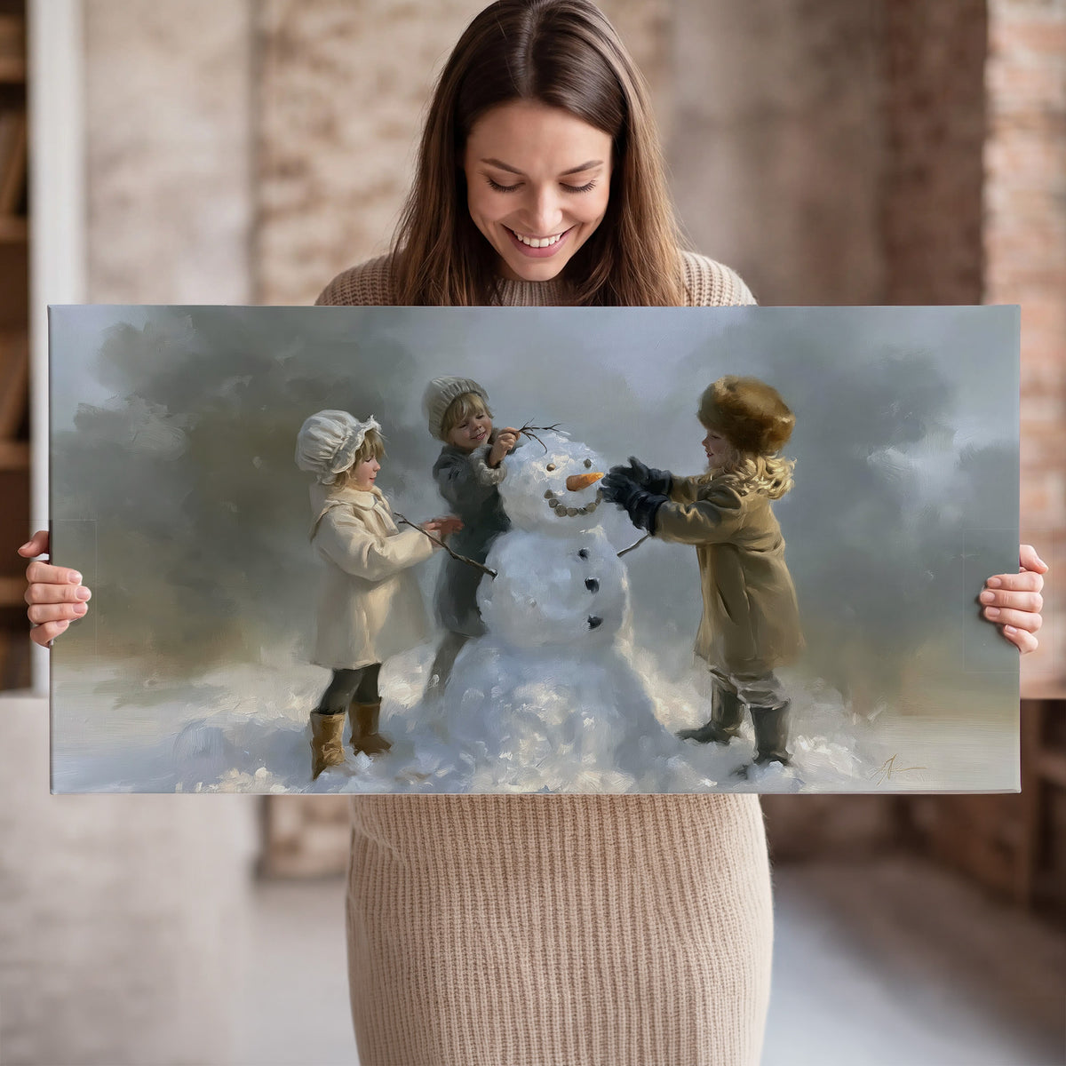 Three children gathering around a cheerful snowman on a quiet snowy winter day single canvas wall art held in hands