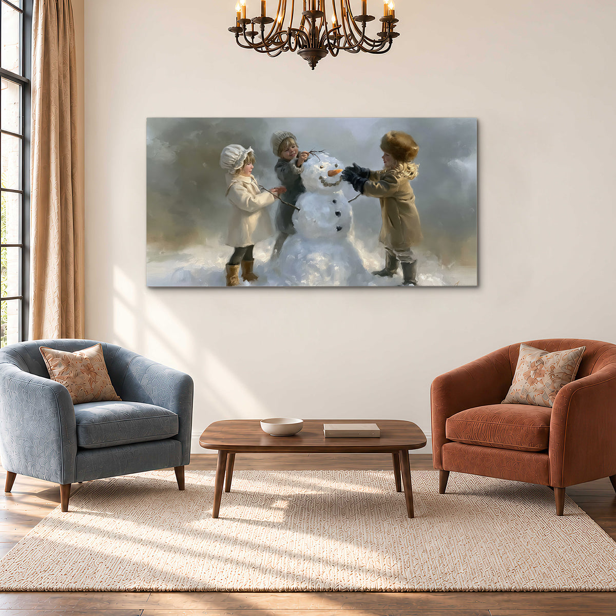 Three children gathering around a cheerful snowman on a quiet snowy winter day single canvas wall art styled in an interior