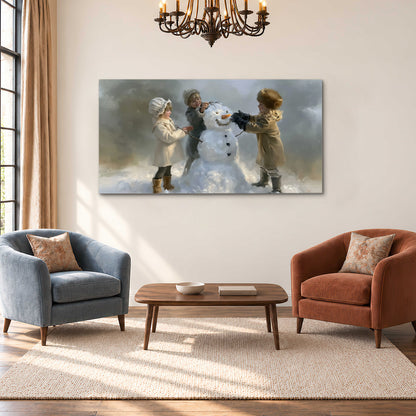 Three children gathering around a cheerful snowman on a quiet snowy winter day single canvas wall art styled in an interior