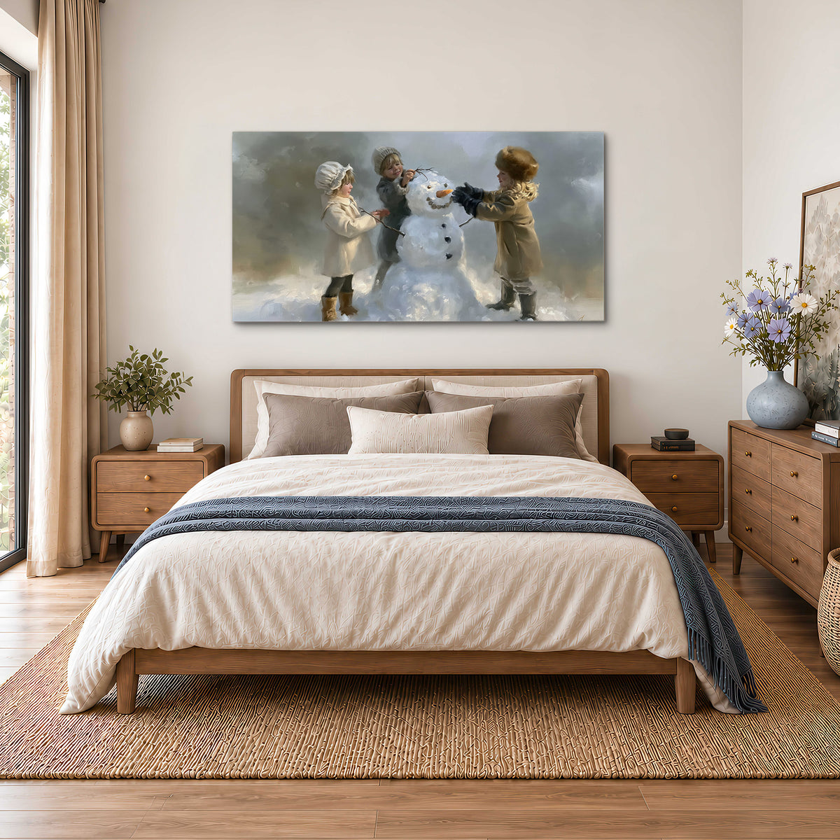 Three children gathering around a cheerful snowman on a quiet snowy winter day single canvas wall art styled in an interior