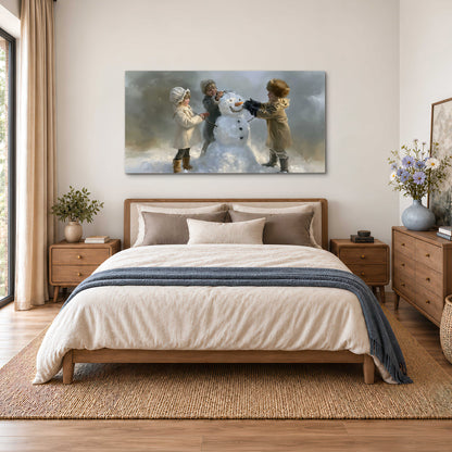Three children gathering around a cheerful snowman on a quiet snowy winter day single canvas wall art styled in an interior