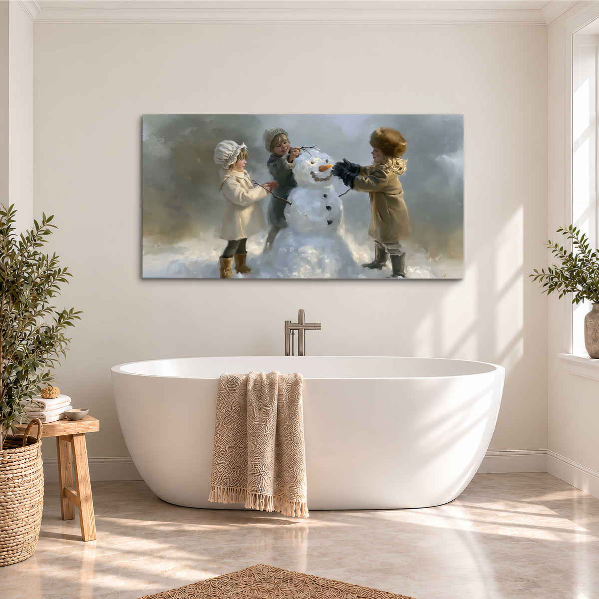 Three children gathering around a cheerful snowman on a quiet snowy winter day single canvas wall art styled in an interior