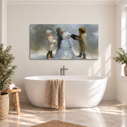 Three children gathering around a cheerful snowman on a quiet snowy winter day single canvas wall art styled in an interior