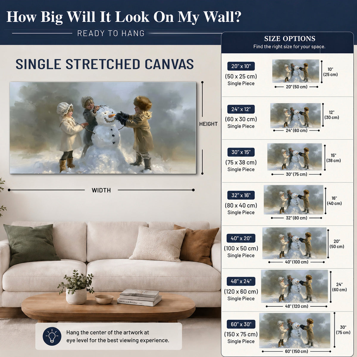Three children gathering around a cheerful snowman on a quiet snowy winter day single canvas wall art size guide above a sofa; room view is illustrative