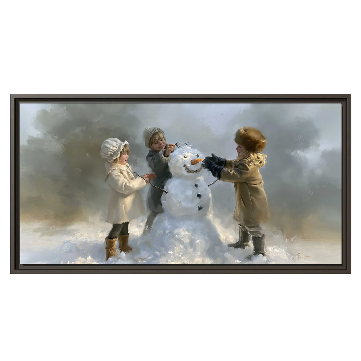 Three children gathering around a cheerful snowman on a quiet snowy winter day single framed canvas wall art viewed straight on