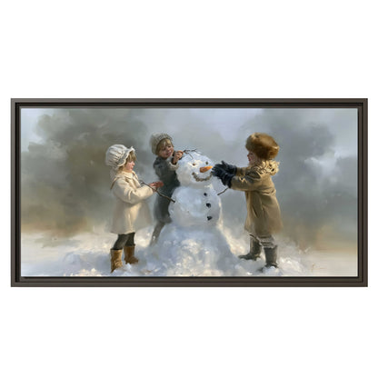 Three children gathering around a cheerful snowman on a quiet snowy winter day single framed canvas wall art viewed straight on