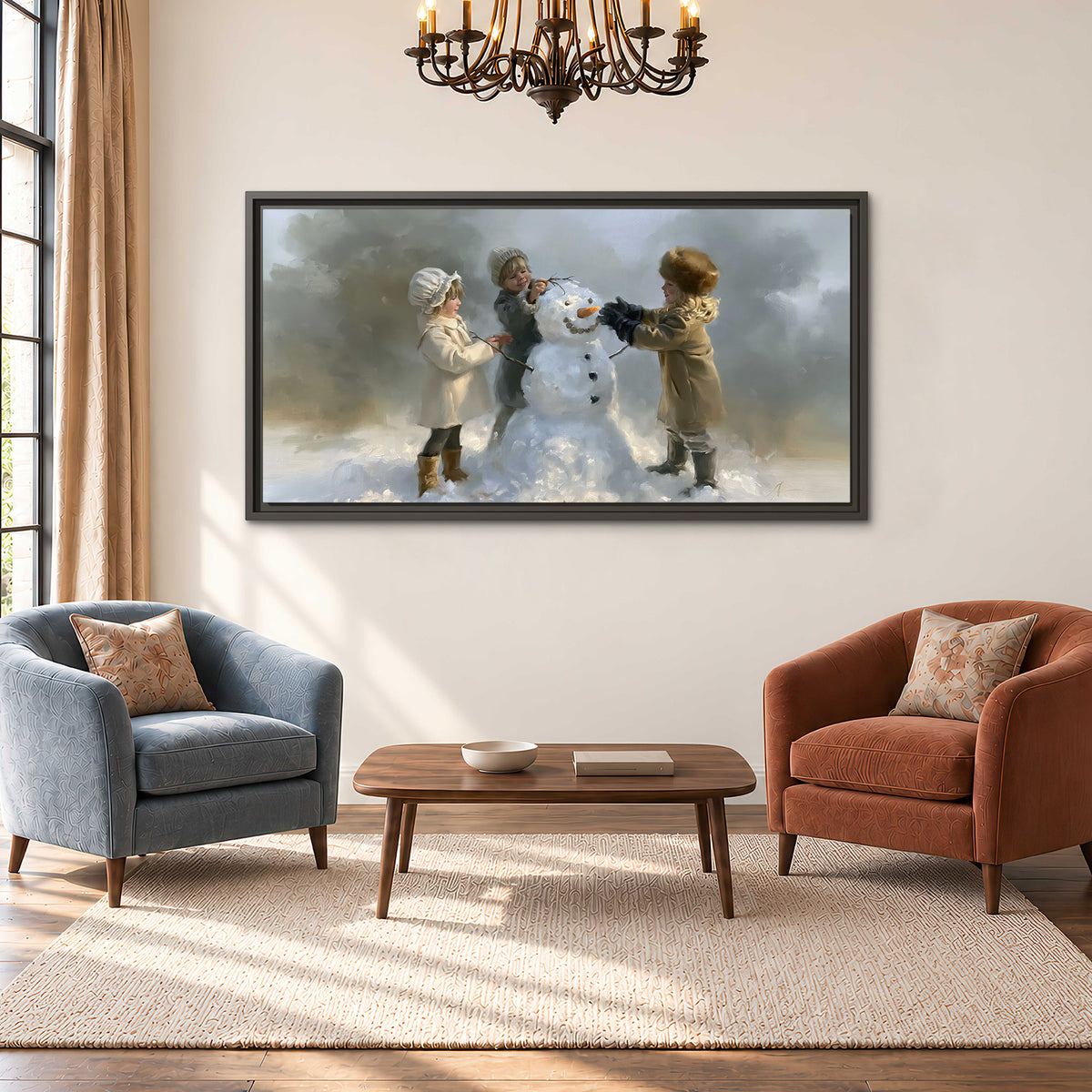 Three children gathering around a cheerful snowman on a quiet snowy winter day single framed canvas wall art styled in an interior