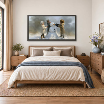Three children gathering around a cheerful snowman on a quiet snowy winter day single framed canvas wall art styled in an interior