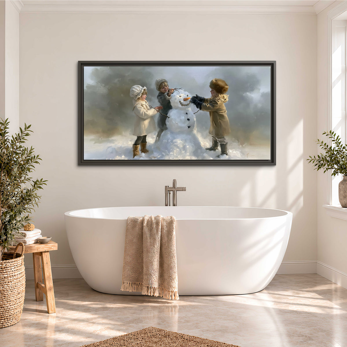 Three children gathering around a cheerful snowman on a quiet snowy winter day single framed canvas wall art styled in an interior