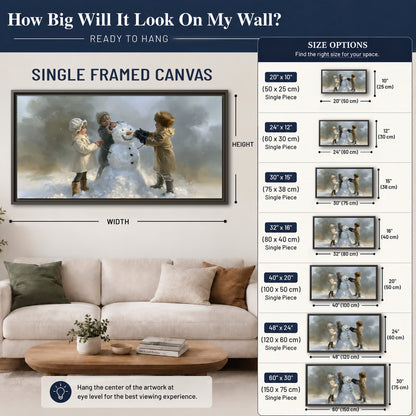 Three children gathering around a cheerful snowman on a quiet snowy winter day single framed canvas wall art size guide above a sofa; room view is illustrative
