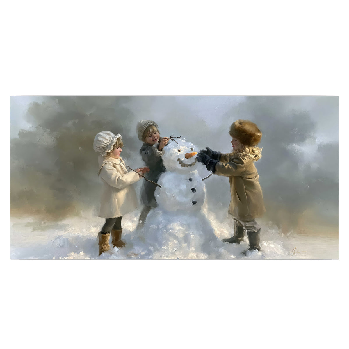 Three children gathering around a cheerful snowman on a quiet snowy winter day single poster print viewed straight on