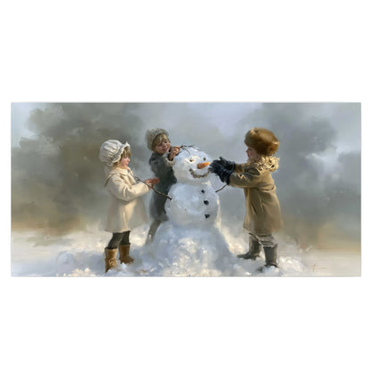 Three children gathering around a cheerful snowman on a quiet snowy winter day single poster print viewed straight on