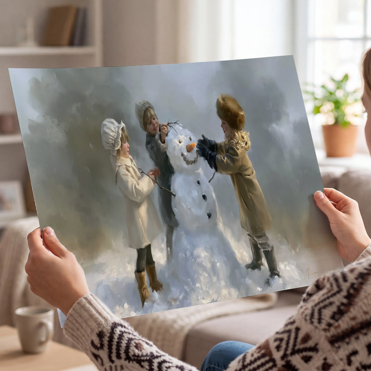 Three children gathering around a cheerful snowman on a quiet snowy winter day single poster print held in hands