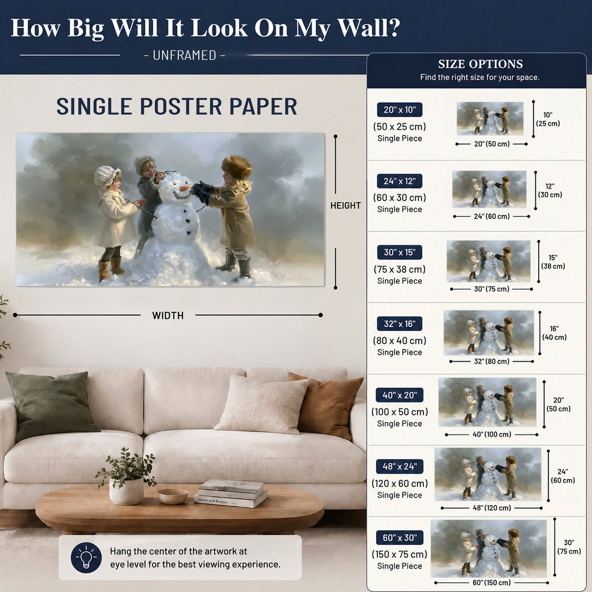 Three children gathering around a cheerful snowman on a quiet snowy winter day single poster print size guide above a sofa; room view is illustrative