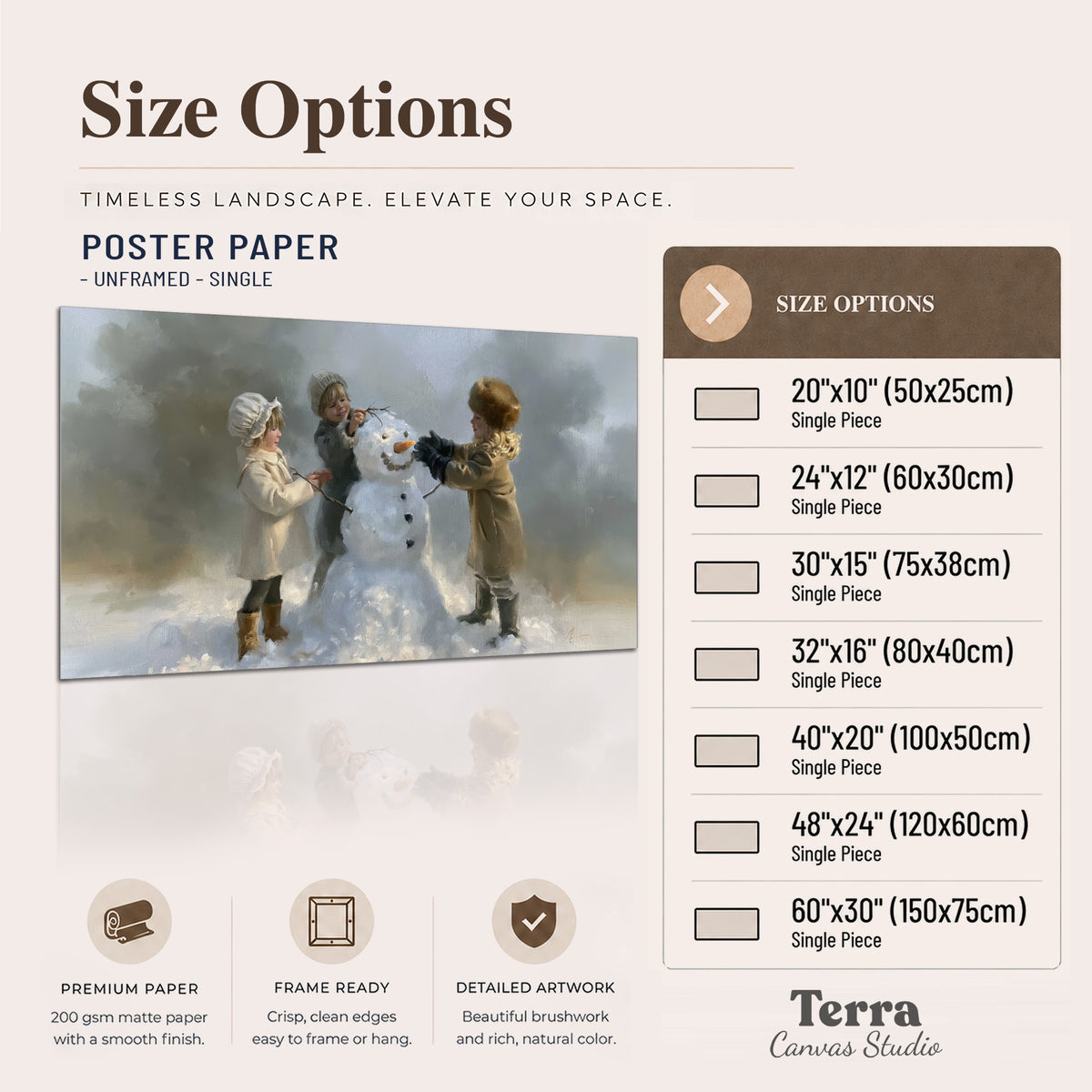 Three children gathering around a cheerful snowman on a quiet snowy winter day single poster print available dimensions