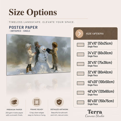 Three children gathering around a cheerful snowman on a quiet snowy winter day single poster print available dimensions