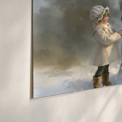 Three children gathering around a cheerful snowman on a quiet snowy winter day set of 3 poster prints material and edge close up