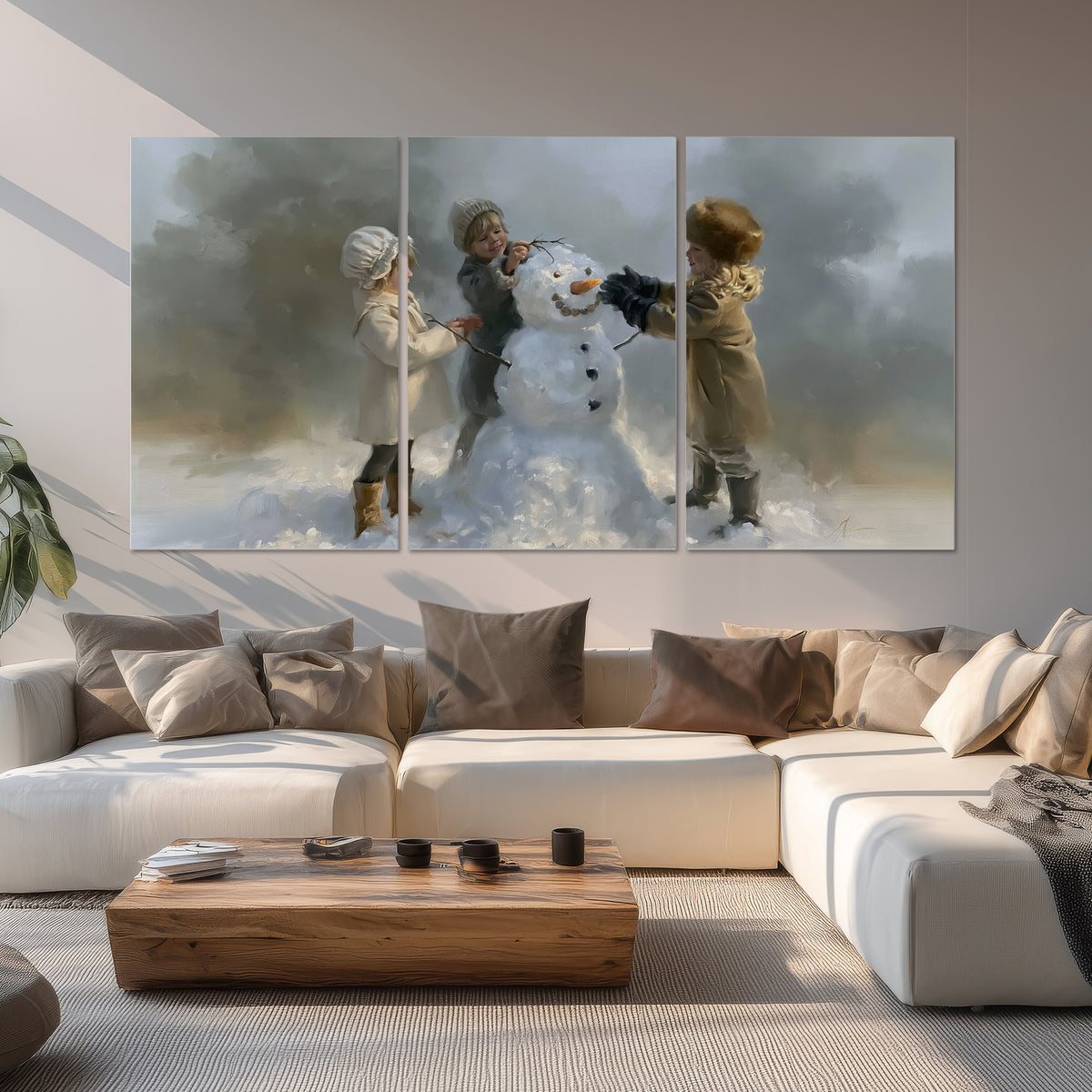 Three children gathering around a cheerful snowman on a quiet snowy winter day set of 3 poster prints displayed in a living room
