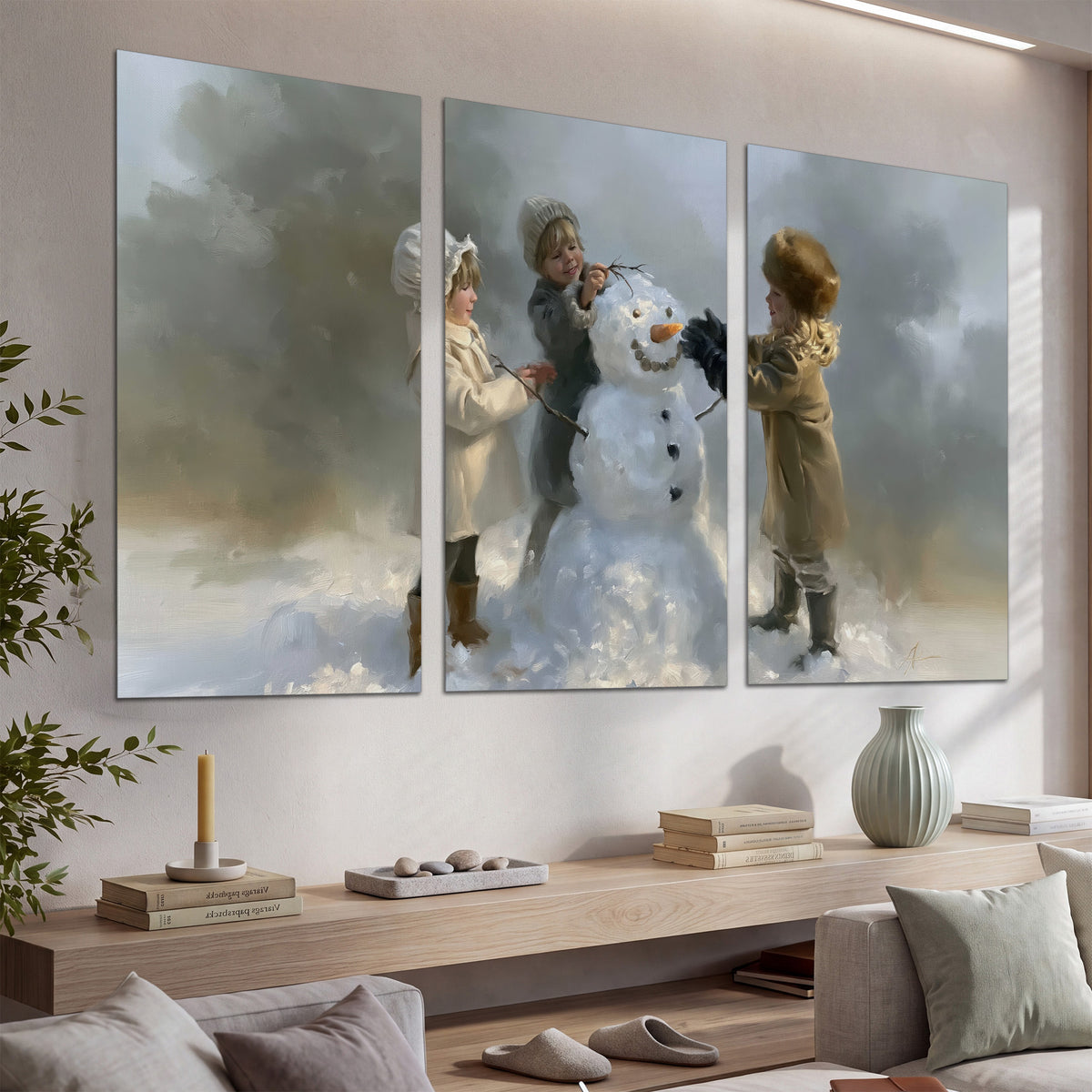 Three children gathering around a cheerful snowman on a quiet snowy winter day set of 3 poster prints displayed in a console