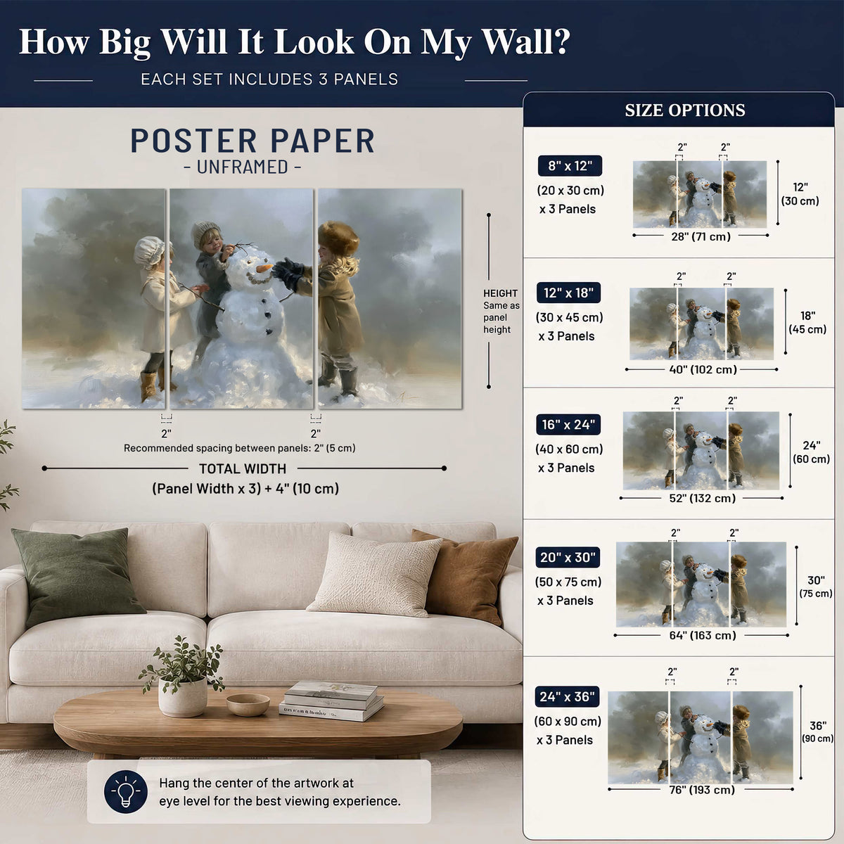 Three children gathering around a cheerful snowman on a quiet snowy winter day set of 3 poster prints size guide above a sofa; room view is illustrative