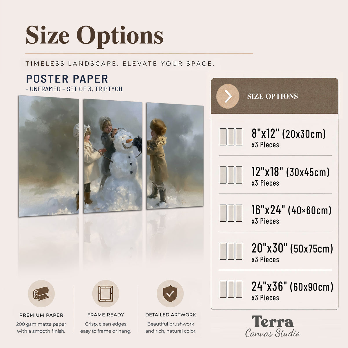 Three children gathering around a cheerful snowman on a quiet snowy winter day set of 3 poster prints available dimensions; triptych dimensions are per panel