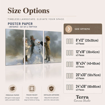 Three children gathering around a cheerful snowman on a quiet snowy winter day set of 3 poster prints available dimensions; triptych dimensions are per panel