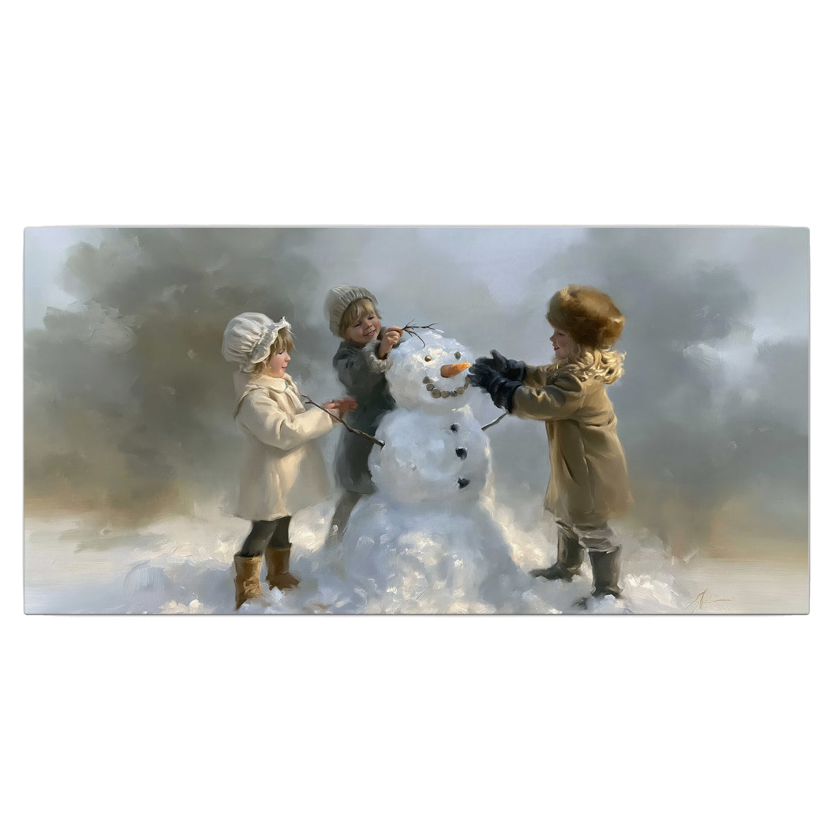 Three children gathering around a cheerful snowman on a quiet snowy winter day single canvas wall art viewed straight on
