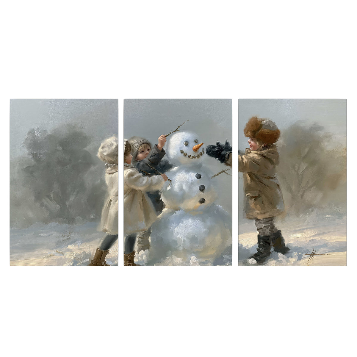 Two children putting the finishing touches on a snowman in a soft snowy landscape 3 piece canvas wall art viewed straight on