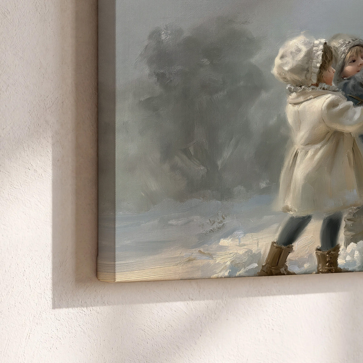 Two children putting the finishing touches on a snowman in a soft snowy landscape 3 piece canvas wall art material and edge close up